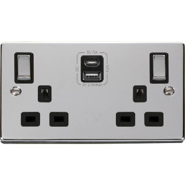 Click Deco 13A Ingot 2G Switched Socket With Type A & C USB 4.2A Outlets Polished Chrome Insert Black