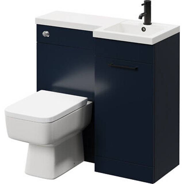 Napoli Combination Vanity Unit Toilet Suite with Right Hand L Shaped 1 Tap Hole Basin and Single Door with Matt Black Handle | Deep Blue | Plastic | 900mm