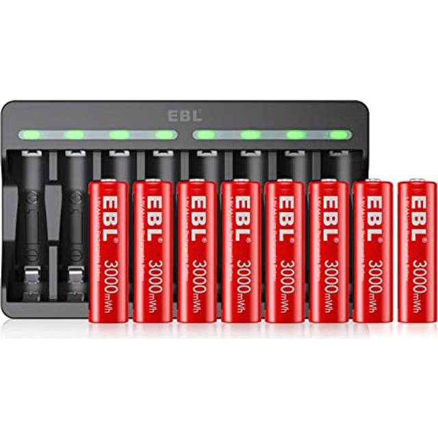 EBL Pack of 8 1.5V 3000mWh AA Rechargeable Lithium-ion Battery & 8 Slots Lithium-ion Battery Charger for Rechargeable AA and AAA Lithium Batteries