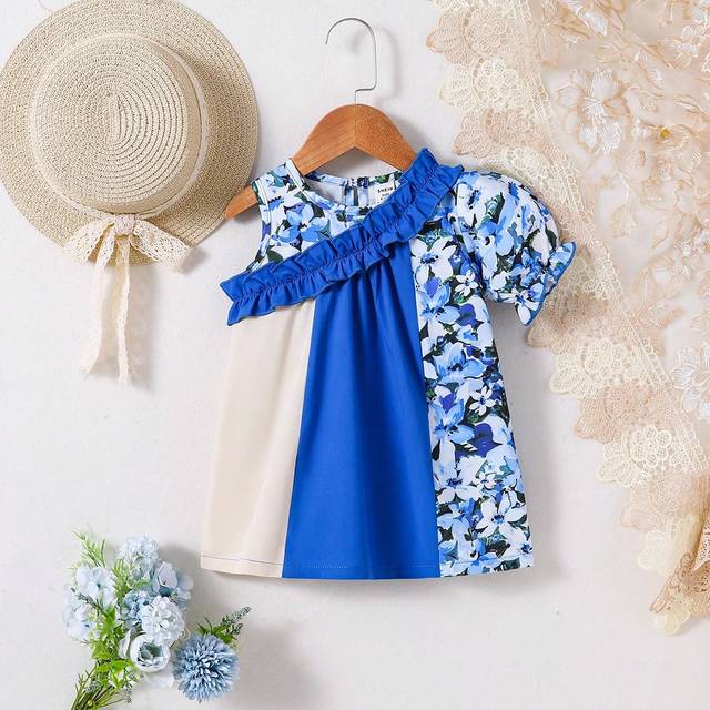 SHEIN Baby Girl&#39;s Holiday Casual Loose Cute Color Block Floral Print Pleated Hem A-Line Dress With Ruffle Trim