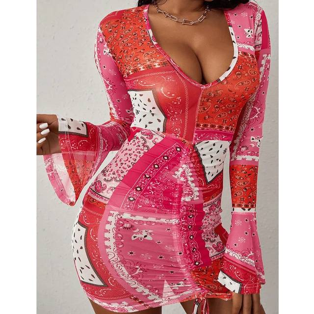 SHEIN Women&#39;s Vacation Stylish Patchwork Print Mini Dress With Drawstring Waist And Flare Sleeves