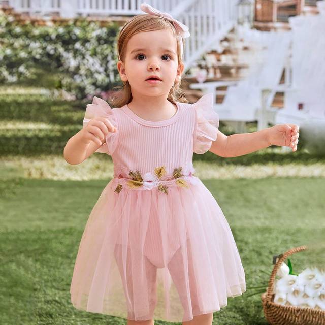 SHEIN Baby Girl Elegant And Baby Flower Girl Embroidered Bodysuit With Mesh Skirt, Cute And Sweet Knitted With Butterfly Sleeves And Pink Headband, Flower D