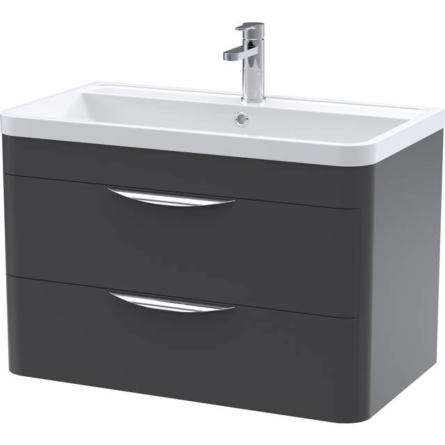 nuie 800mm Wall Hung 2 Drawer Vanity & Ceramic Basin - Soft Black, Black