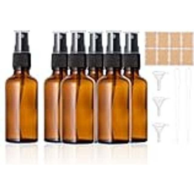 6 st. sprayflaska glas tomt, 50 ml små sprayflaskor i brunt glas för att fylla med tratt pipetter och etiketter för eteriska oljor, parfym