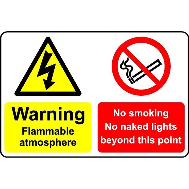 Warning flammable atmosphere no smoking no naked lights safety sign - 3mm Aluminium sign - 200mm x 150mm