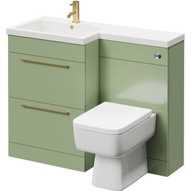 Napoli Combination Vanity Unit Toilet Suite with Left Hand L Shaped 1 Tap Hole Basin and 2 Drawers with Brushed Brass Handles | Olive Green | Plastic | 1100mm