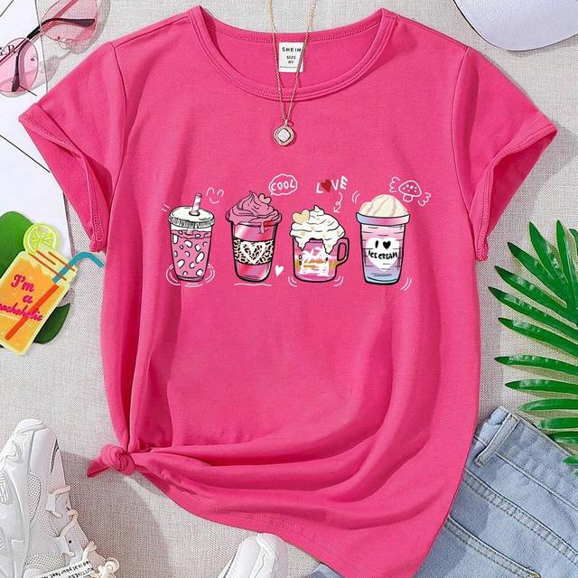 SHEIN Tween Girl Fashionable Beverage & Coffee Cup Printed Basic Pink Short Sleeve T-Shirt, Casual