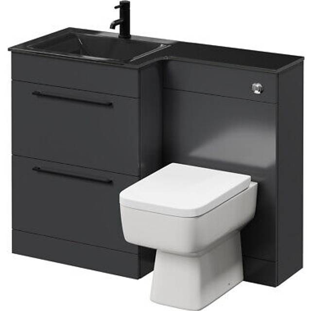 Wholesale Domestic Venice Square Vanity Unit Toilet Suite with Left Hand Anthracite Glass 1 Tap Hole Basin and 2 Drawers with Matt Black Handles | Gloss Grey | ABS Polished Chrome | 1100mm