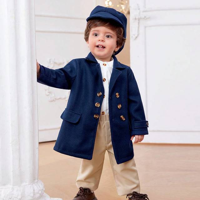 SHEIN Baby Boys&#39; Warm Casual British Style Coat With Hat, Autumn Winter