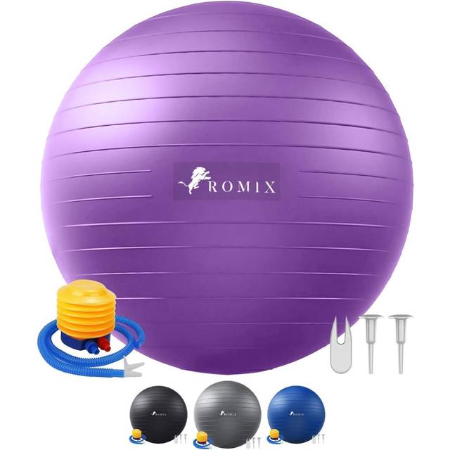 ROMIX Träningsboll, 65cm Anti-Burst Pilatesboll med Luftpump för Stabilitet och Balans, Extra Tjock Halkfri Ergonomisk Yogaboll för Fitness Fysioterapi Graviditet och Kärnträning på Hem (Lila)