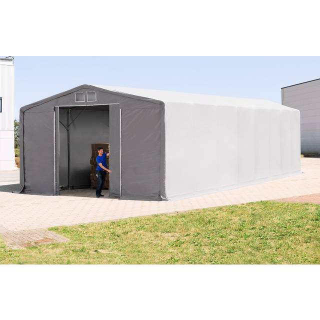 8 x 16 m tälthall - 4,0 m sidohöjd med skjutport, PVC grå, inkl. hållfasthet (underlag: betong) - (94238)