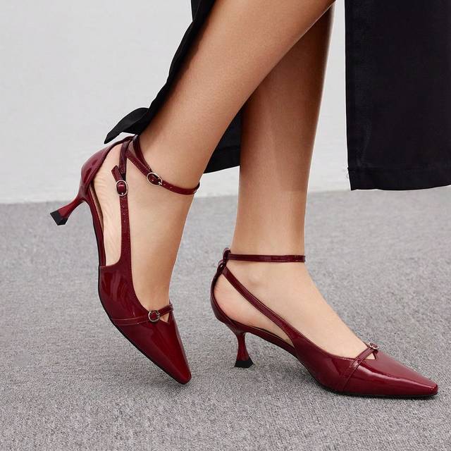 Cuccoo Women High Heel Wine Red Pointed Toe Hollow Out Ankle Strap Stiletto Sexy Pumps Elegant Basics Business Casual Business Chic BURGUNDY Heels Pumps Spri