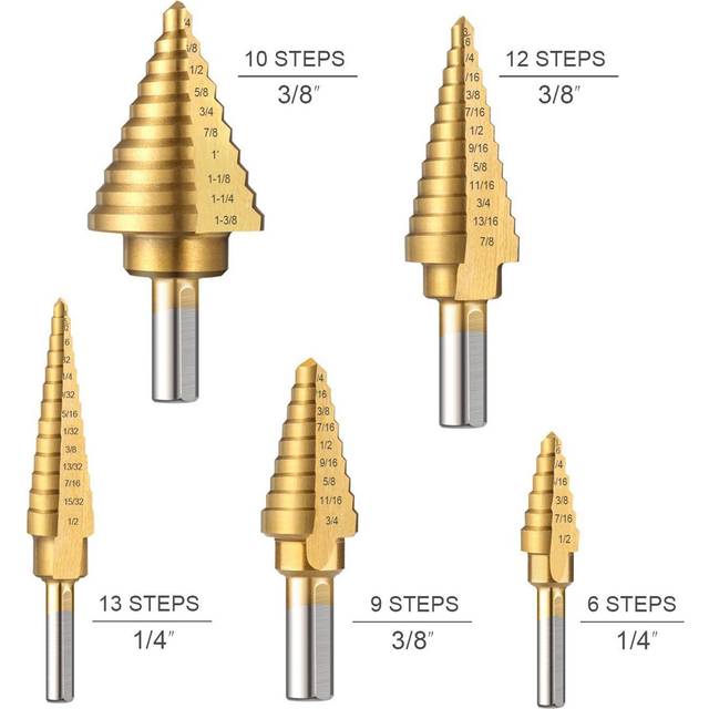 HSS 5PCS Titan Steg Borr Set med Automatisk Center Punch High Speed Steel Borr Bits Set gyllene