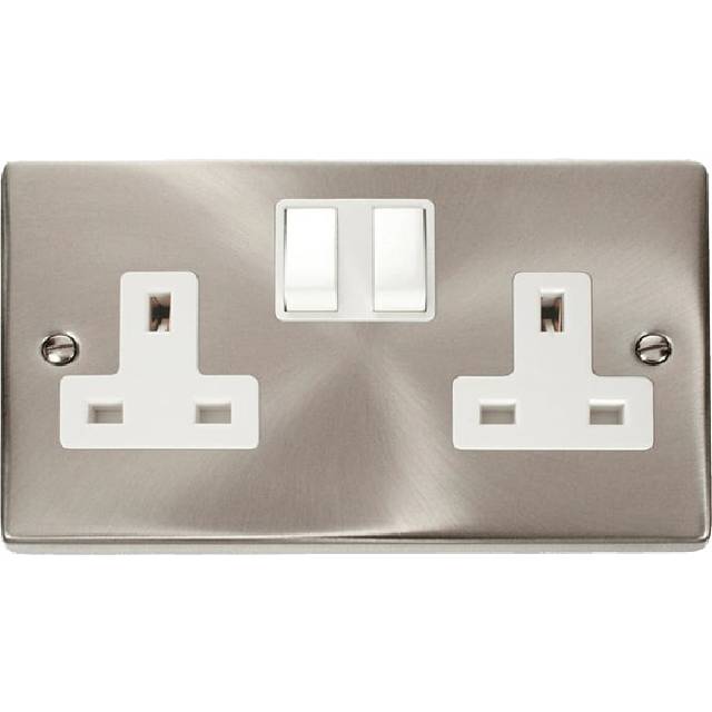 Click Deco 2 Gang 13A DP Switched Socket Outlet (Twin Earth) Satin Chrome Insert White