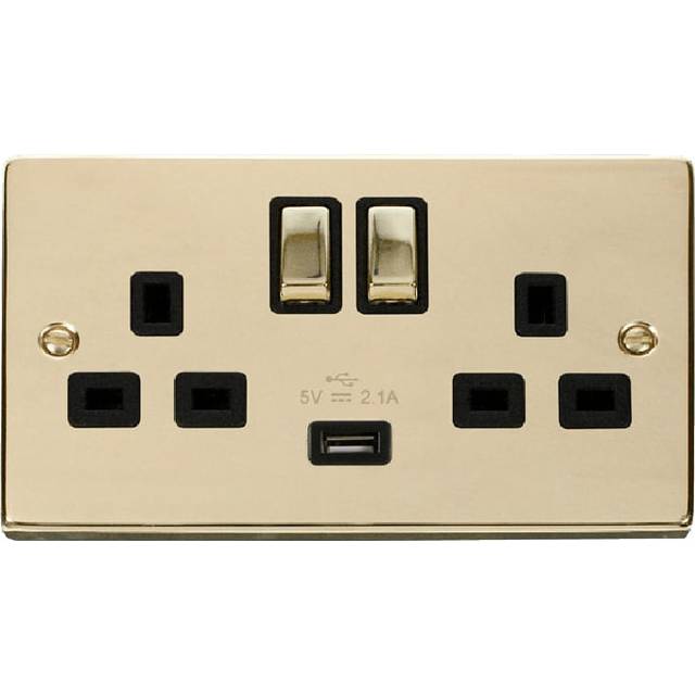 Click Deco 13A Ingot 2G Switched Socket With Single 2.1A USB Outlet Polished Brass Insert Black