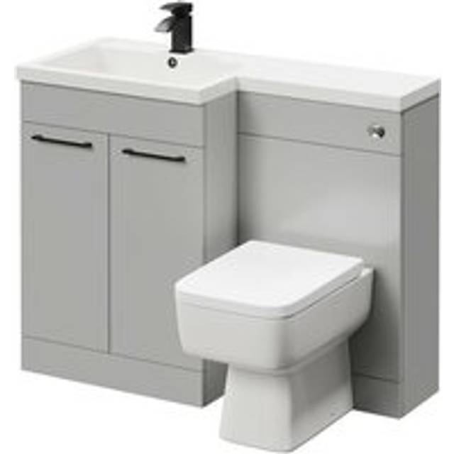 Napoli Combination Vanity Unit Toilet Suite with Left Hand L Shaped 1 Tap Hole Basin and 2 Doors with Matt Black Handles | Gloss Grey Pearl | Plastic | 1100mm