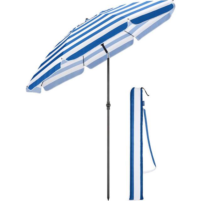 Striped Beach Umbrella Parasol 2M Tilting Sun Shade UV Protection Portable With Bag (Blue) (180cm W X 180cm D)