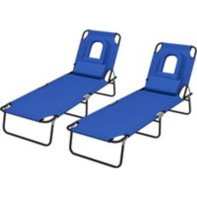 Outsunny Outdoor Foldable Sun Lounger Set of 2, 4 Level Adjustable Backrest Reclining Sun Lounger Chair with Pillow and Reading Hole, Blue Aosom UK