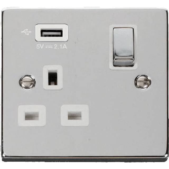 Click Deco 13A Ingot 1G Switched Socket With Single 2.1A USB Outlet Polished Chrome Insert White