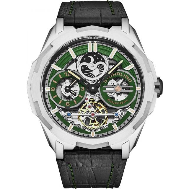 Dual Time Automatic Navigator Watch, 46mm Stainless Steel Case, Dual Time, Skeleton Dial, Sun/Moon Phase Indicator - Green - One Size
