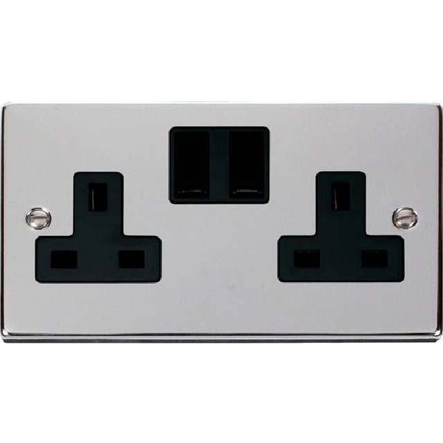 Click Deco 2 Gang 13A DP Switched Socket Outlet (Twin Earth) Polished Chrome Insert Black