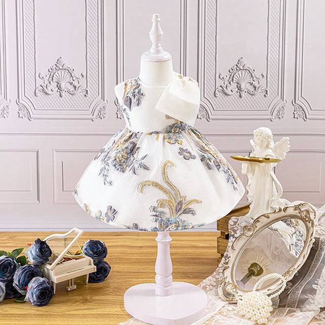 SHEIN Baby Girl Gorgeous Elegant Princess Dress With Flower Pattern, Bowknot Waist And Sleeveless Design