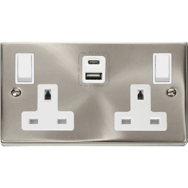 Click Deco 2G 13A Switched Socket With Type A & C USB 4.2A Outlets Satin Chrome Insert White