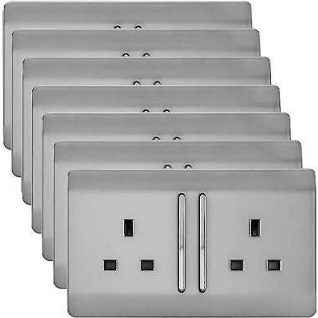 Trendi Switch 2 Gang Long Switch Brushed Steel Plug Socket 7 Pack - n/a - 9 x 15 x 3cm