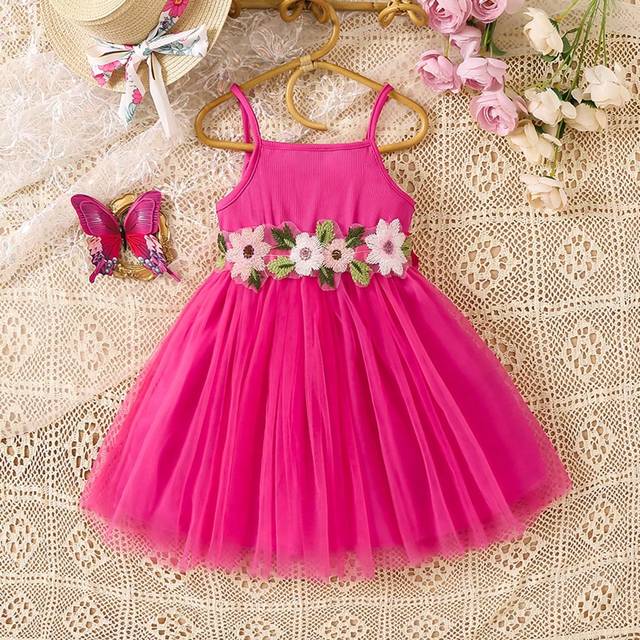 SHEIN Young Girl Wedding Season Stitching Embroidery Floral Mesh Cami Dress Suitable For Party Summer
