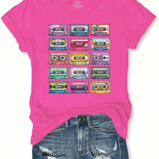 INAWLY Women Summer Magnet Tape Printed Round Neck Short Sleeve Casual T-Shirt