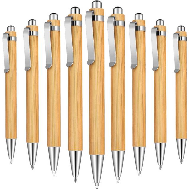 15 Pieces Bamboo Retractable Ballpoint Pen Black Ink 1 mm Office
