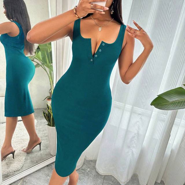 VaVaBold Summer Casual Solid Color Slim Sleeveless Dress Maxi Women Outfit