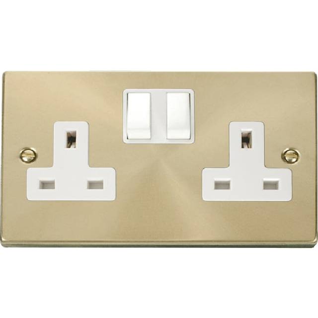 Click Deco 2 Gang 13A DP Switched Socket Outlet (Twin Earth) Satin Brass Insert White