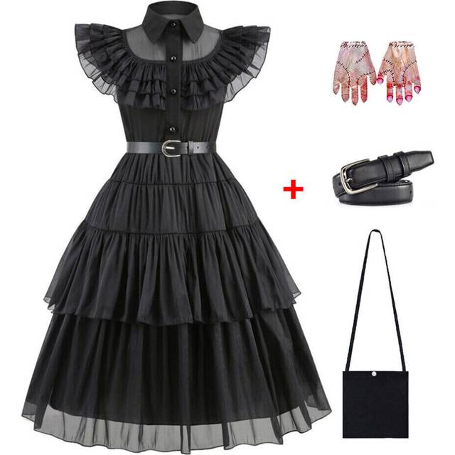(Dress +Belt +Bag+Gloves, 6-7Y) Kids Girls Wednesday The Addams Family Costume Halloween Dress Birthday Party