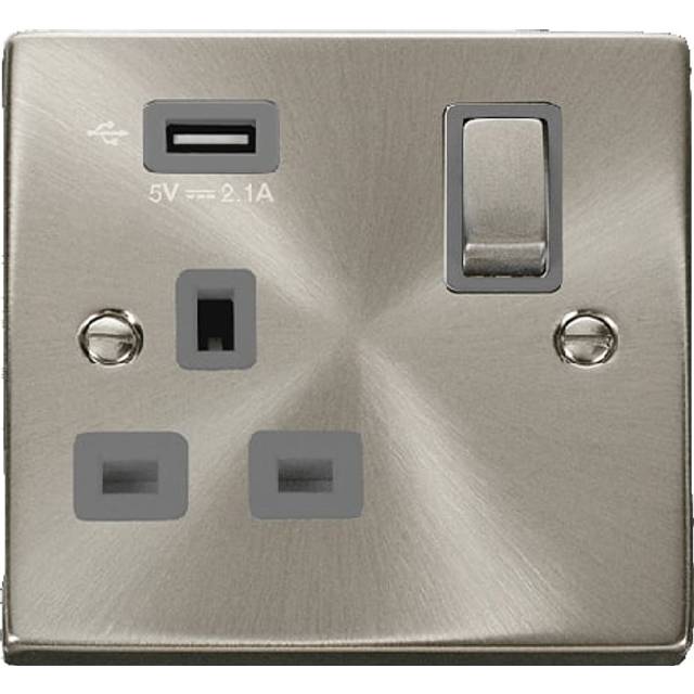 Click Deco 13A Ingot 1G Switched Socket With Single 2.1A USB Outlet Satin Chrome Insert Grey