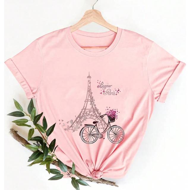 INAWLY Flower, Eiffel Tower & Bicycle Printed Women&#39;s Casual Round Neck Short Sleeve T-Shirt Bonjour Paris Graphic Tees Women Tops