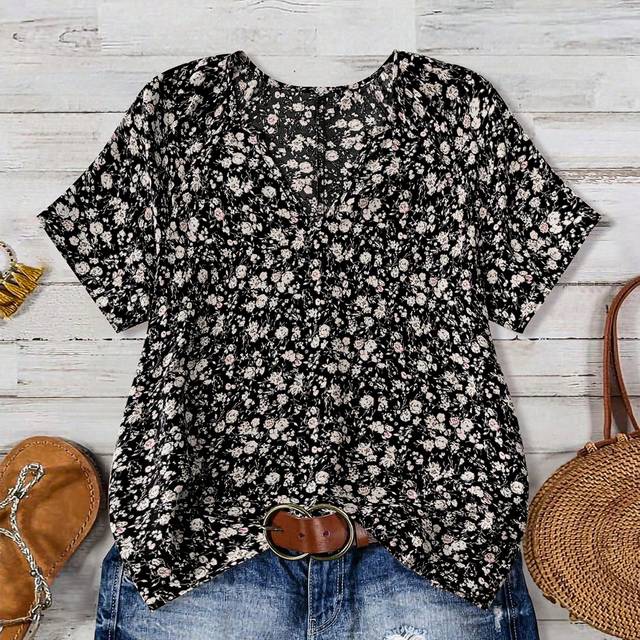 EMERY ROSE Women&#39;s Summer Round Neck Short Sleeve Ditsy Floral Black Blouse,Short Sleeve Tops
