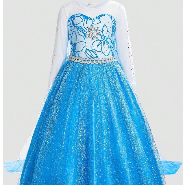 SHEIN Young Girl Round Neck Long Sleeve Blue Floral Print Party Dress With Train