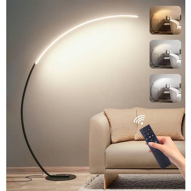LED Golvlampa Dimbar Båglampa Vardagsrum, 25W Svart Golvlampa med Fjärrkontroll, Modern Båglampa 3 Färgtemperaturer & Minnesfunktion, Läslampa För Soffa Kontor Sovrum, H:170cm