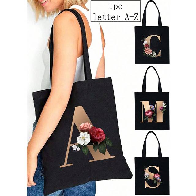 SHEIN 1pc Fashion Casual Gold Letter Printed Canvas Handbag, Shoulder Bag, Large Capacity Women&#39;S Shopping Bag, Foldable Reusable Travel Grocery Bag, Holida