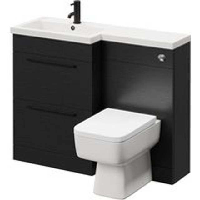 Napoli 390 Combination Vanity Unit Toilet Suite with Left Hand L Shaped 1 Tap Hole Basin and 2 Drawers with Matt Black Handles | Nero Oak | ABS Polished Chrome | 1100mm