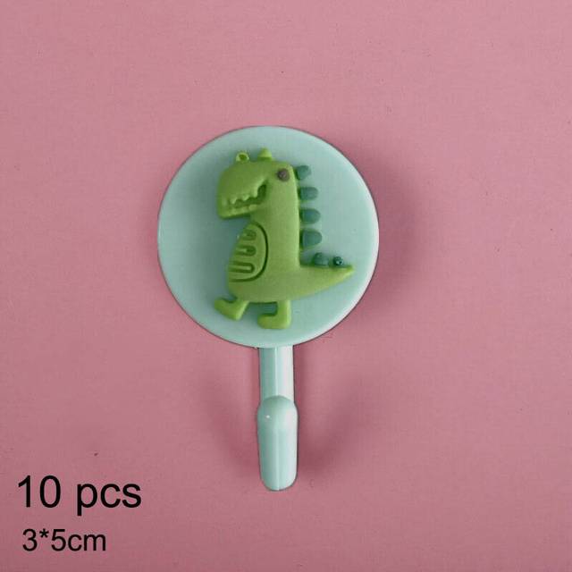 (a-Dinosaur) 10PCS Self Adhesive Wall Hook Strong Cartoon Coat Bag Bathroom Door Kitchen Towel Hanger Hooks Home Storage Accessories
