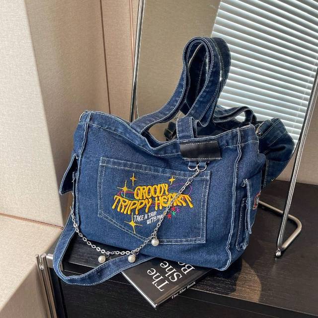 SHEIN Casual Y2K Style Chic Soft Jeans Tote Bag Street Style Chain Letter Pattern Shoulder Bag Large Capacity Crossbody Bag
