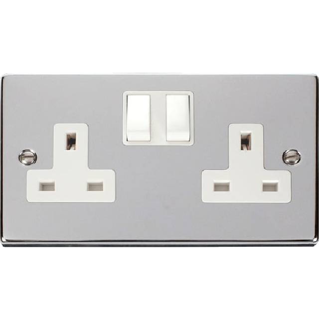 Click Deco 2 Gang 13A DP Switched Socket Outlet (Twin Earth) Polished Chrome Insert White