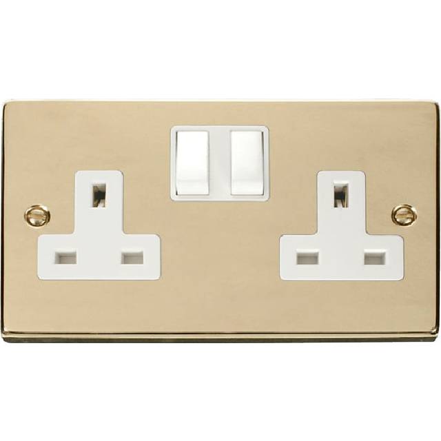 Click Deco 2 Gang 13A DP Switched Socket Outlet (Twin Earth) Polished Brass Insert White