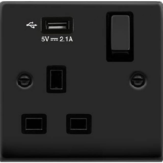 Click Deco 13A Ingot 1G Switched Socket With Single 2.1A USB Outlet Matt Black Insert Black