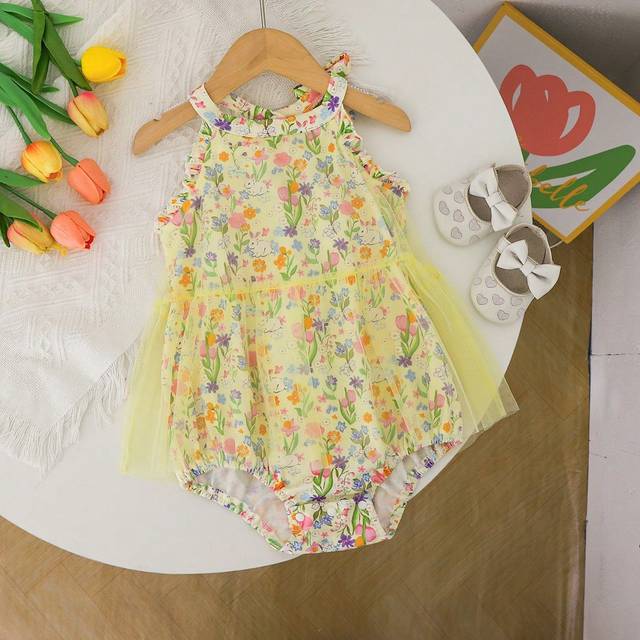 SHEIN Baby Girl&#39;s Casual And Elegant Mesh Bodysuit With Neck Hanging Design