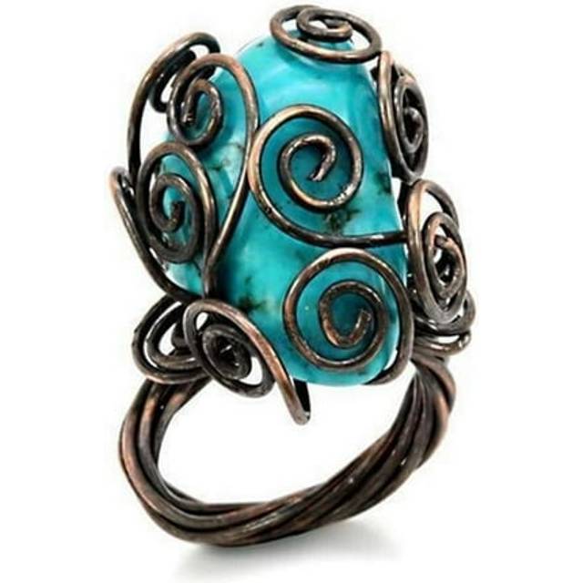 Antique Tone Brass Ring with Synthetic Turquoise, Turquoise - Size 6