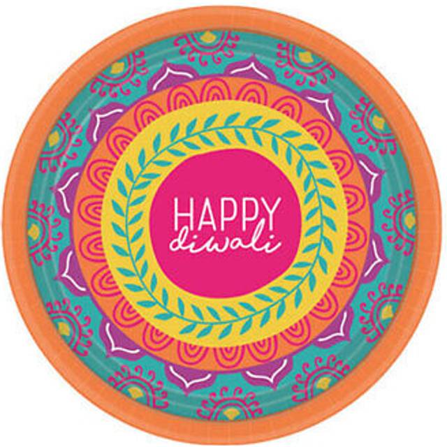 Amscan Diwali Festival Rangoli & Diya Pattern Dessert Snack Paper Plates 8pk