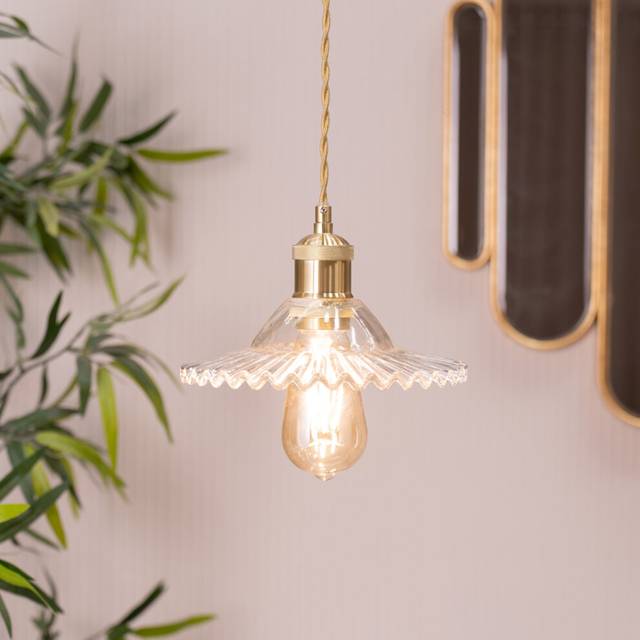 Lucrezia Gold Pendant Light Clear Frilled Glass Shade & Filament Bulb